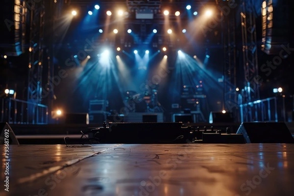 Obraz A stage at rehearsal. live production. Blurred motion. bright lights, setting up live stage equipment 