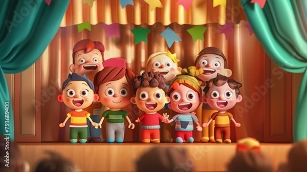 Fototapeta A sweet 3D illustration of kids having a puppet show with sock puppets  AI generated illustration