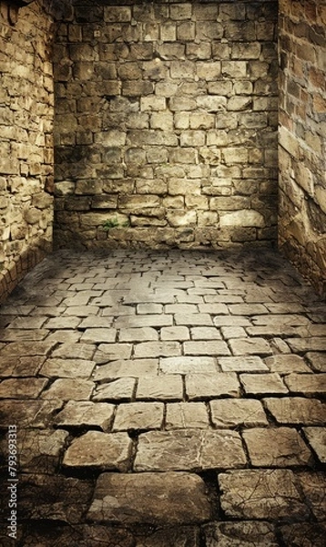 Obraz Cobblestone alley with brick walls and archway.