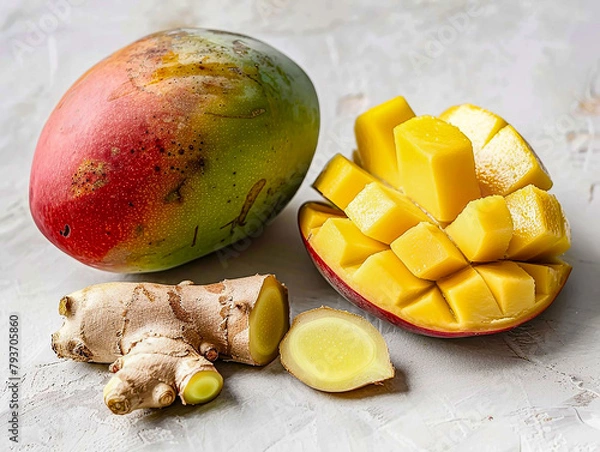 Fototapeta photo of a ripe mango and a slice of ginger on a light background.