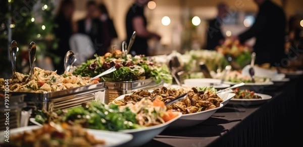Fototapeta buffet food indoor in the restaurant meat colorful fruits and vegetables catering a group of people at a resort on a cruise a wedding buffet