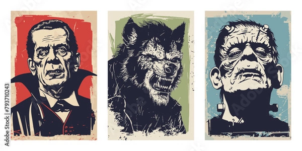 Fototapeta Set of halloween movie monster character portrait backgrounds. Horror vector design elements for poster, flyer, cards and web.
