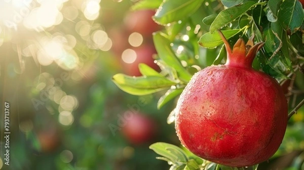 Fototapeta Macro close up of juicy pomegranate fruit on tree with dew drops, ideal for text copy in wide banner