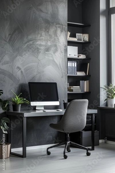 Obraz Minimalist home office with grey desk, computer and grey books on light black wall background. Home interior design of modern work space 