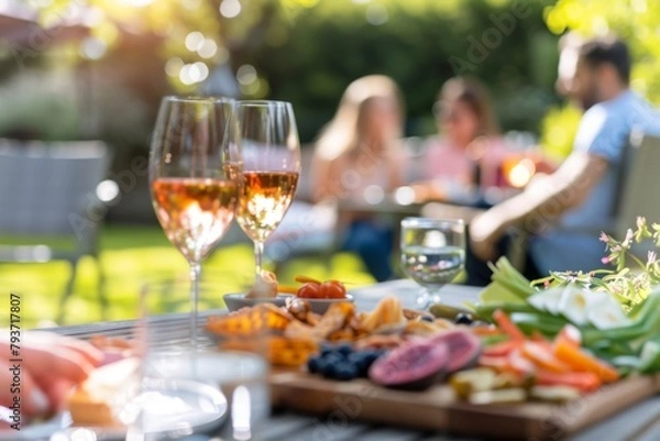 Fototapeta A vibrant outdoor garden party scene featuring a group of friends enjoying a sunny day with wine and a variety of appetizing snacks.