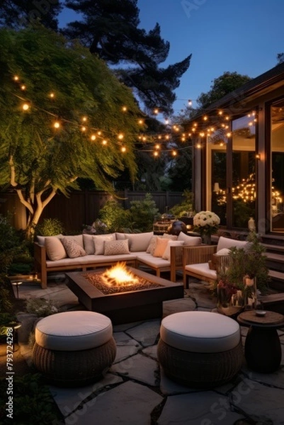 Obraz A contemporary outdoor lounge area with modular seating, fire pit, and string lights for ambiance