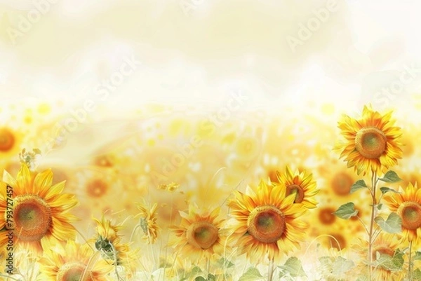 Fototapeta A field of yellow sunflowers with a white background. The sunflowers are in full bloom and are scattered throughout the field. Concept of warmth and happiness
