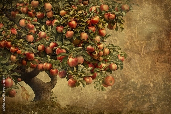 Fototapeta Rustic apple tree laden with ripe fruit, perfect for orchard-themed projects