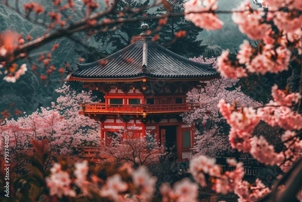 Fototapeta Traditional Japanese temple surrounded by cherry blossoms in full bloom