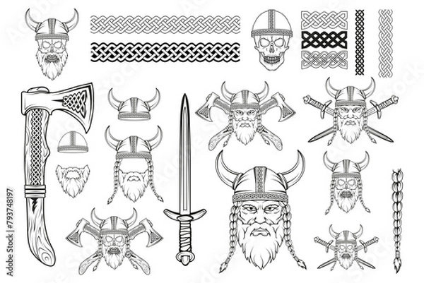 Fototapeta Set of various elements on the theme of the Vikings. Hand drawn of a viking in a helmet. Sketch of viking head with traditional weapons. Traditional ornament for your use. Vector artwork.
