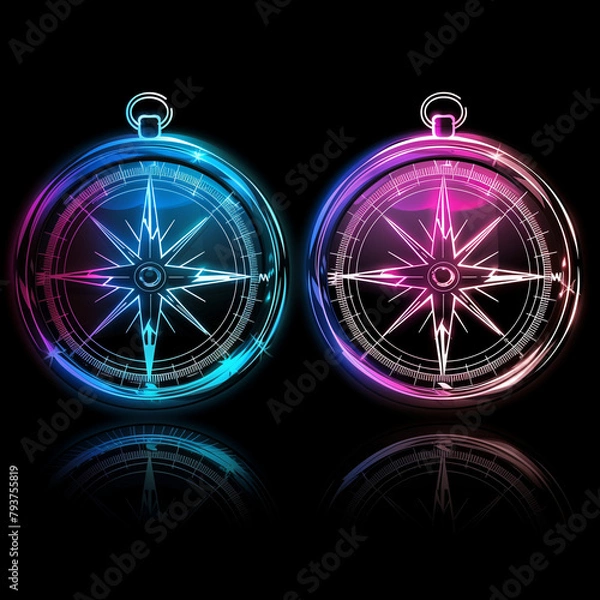 Fototapeta Illustration of Two Glowing Holographic Compasses Pointing North