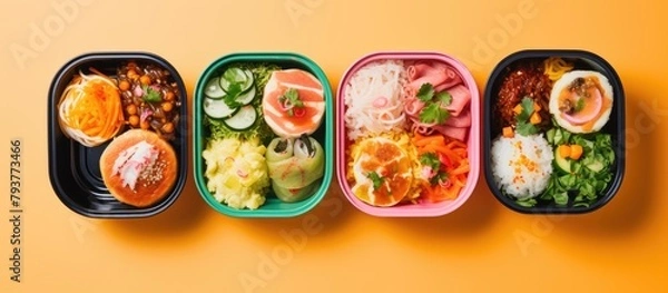 Fototapeta Plastic containers with assorted foods on yellow surface
