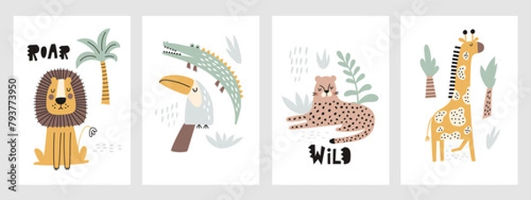 Fototapeta Childish jungle poster with cute lion, crocodile, giraffe, leopard, toucan. Perfect for fabric, textile, nursery posters. Vector