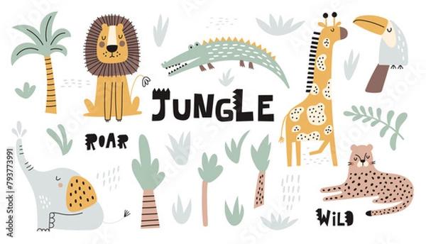 Fototapeta Childish jungle set with cute lion, crocodile, giraffe, elephant, leopard, toucan. Perfect for fabric, textile, nursery posters. Vector