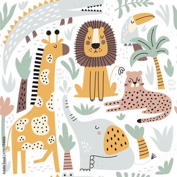 Fototapeta Seamless childish jungle pattern with cute lion, crocodile, giraffe, elephant, leopard, toucan. Perfect for fabric, textile, nursery posters. Vector