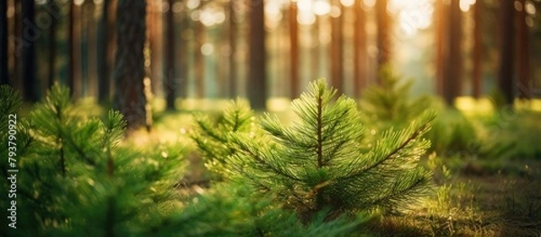 Fototapeta Sun shining through dense pine forest