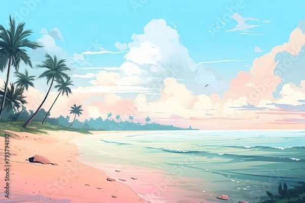 Fototapeta A beautiful beach with palm trees, white sand, and a blue ocean.