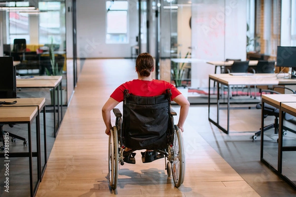 Fototapeta A modern young businesswoman in a wheelchair is surrounded by an inclusive workspace with glass-walled offices, embodying determination and innovation in the business world