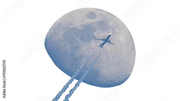 Obraz A plane crosses in front of the moon, its fuel vapor trail can be seen in the sky. Crescent moon during sunset with transparent background. Photograph taken with telescope and camera reflex. 