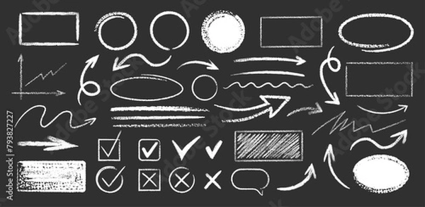 Fototapeta Set of white hand drawn grunge doodle spiral and curved charcoal, chalk arrows, abstract shapes on black background. Scribble symbols of direction pointers, swirl arrow elements for infographic design