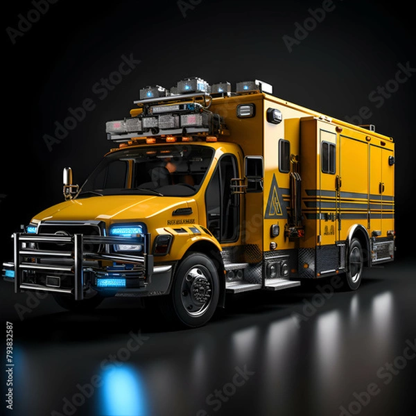 Fototapeta Ambulance car on black background with reflective surface. 3d rendering