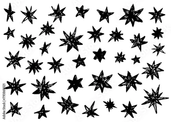 Fototapeta Set of abstract star shapes. Black and white textured galaxy stars. Retro futuristic sparkle icons collection. Vector set of Y2K style. Templates for posters, banners, stickers, business cards