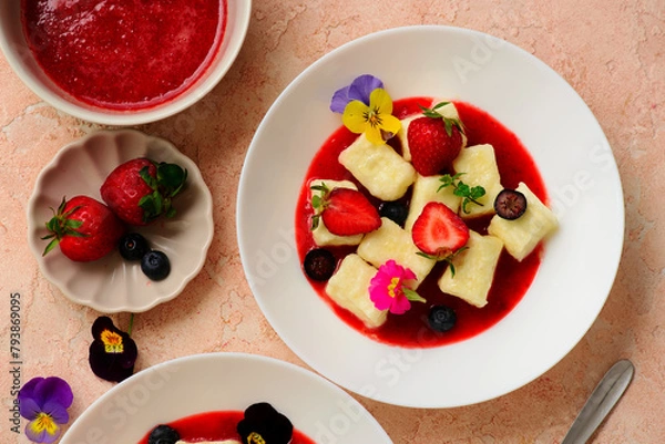 Fototapeta Curd Lazy dumplings with strawberry sauce.top veiw.style hugge