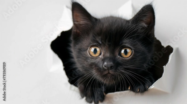 Fototapeta Cute kitten sticking its head out of the hole in white paper background