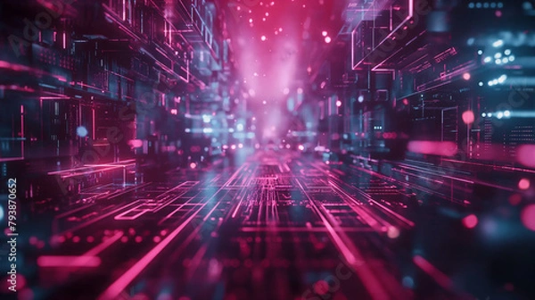 Fototapeta This image depicts a digital data center corridor with a futuristic red hue, symbolizing connectivity and high-tech environment