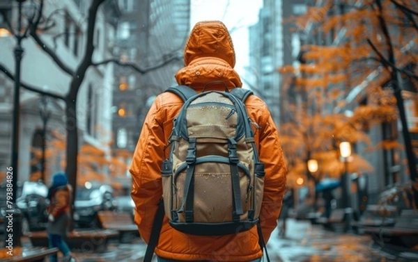 Fototapeta A man wearing an orange jacket and backpack stands in the rain. The scene is set in a city with a mix of buildings and trees. The man is prepared for the weather, as he is wearing a raincoat