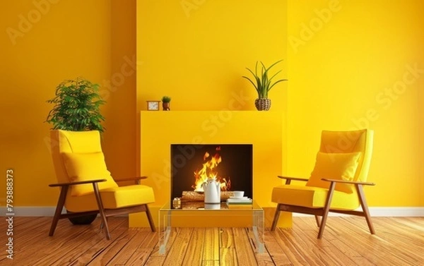Fototapeta A yellow room with a fireplace and two yellow chairs. The room has a warm and inviting atmosphere