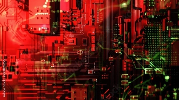 Fototapeta Circuit board with electronic components. Close-up tech abstract background