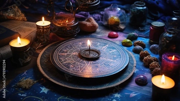 Fototapeta Table Topped With Numerous Candles and Books
