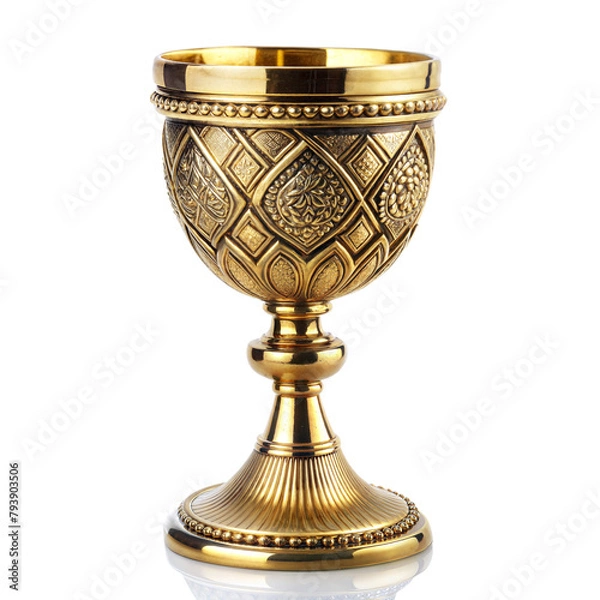 Fototapeta Elegant golden goblet with ornate carved details on pedestal