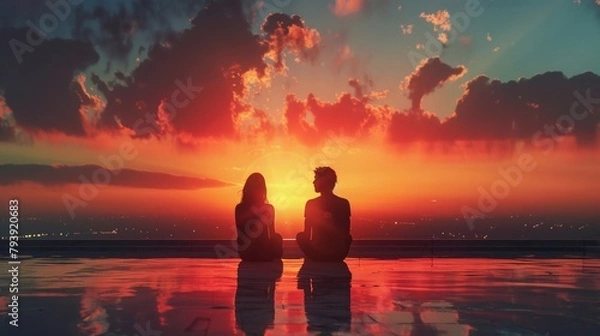 Fototapeta a thought-provoking image of two individuals engaged in a deep conversation while looking out into a cinematic sunset Emphasize the body language to convey intense discussion
