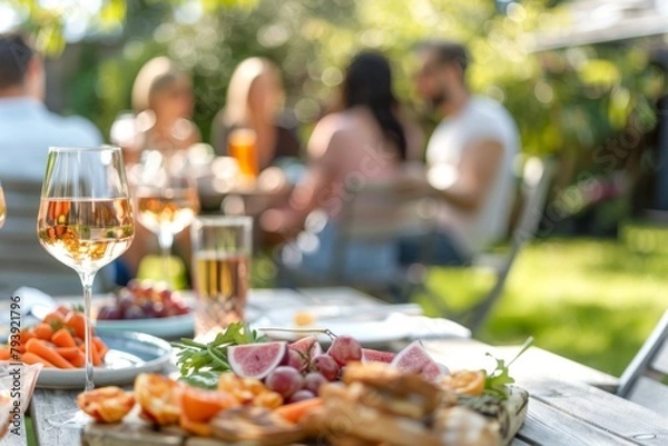 Fototapeta Close up of a wine glass with a group of friends enjoying a relaxed summer garden party in the background, featuring fresh fruits and snacks on a sunny day.