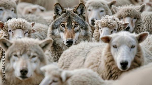 Obraz The intense gaze of a wolf surrounded by sheep, highlighting the tension between a predator and its unsuspecting prey.