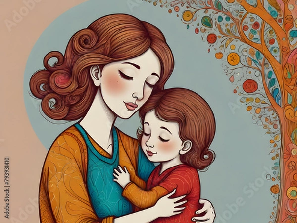 Fototapeta Mother's love with her children a whimsical and colorful line art drawing. Image is generated with the use of an Artificial intelligence