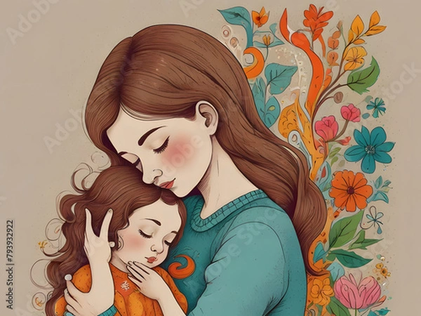 Fototapeta Mother's love with her children a whimsical and colorful line art drawing. Image is generated with the use of an Artificial intelligence