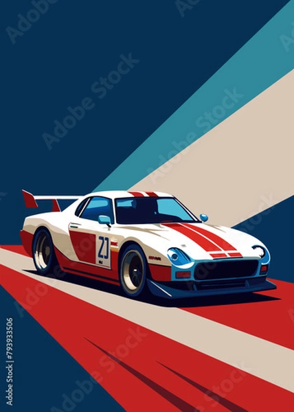 Fototapeta A sports car on the road.The road into the distance. The car rushes along a picturesque road.Let's go! An illustration of a car ready for new discoveries in the vast expanses. abstract page