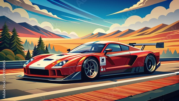 Fototapeta A sports car on the road.The road into the distance. The car rushes along a picturesque road.Let's go! An illustration of a car ready for new discoveries in the vast expanses. abstract page