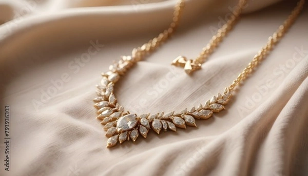 Fototapeta a necklace with gold and diamonds, made for Mother's Day, resting on a linen sack cloth