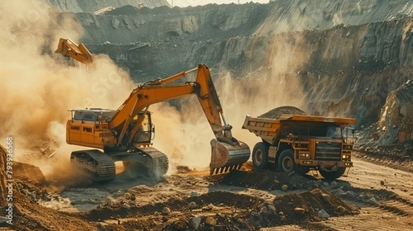 Obraz An excavator loads a mining dump truck with soil in an expansive quarry, casting a dusty haze under a golden hour light.