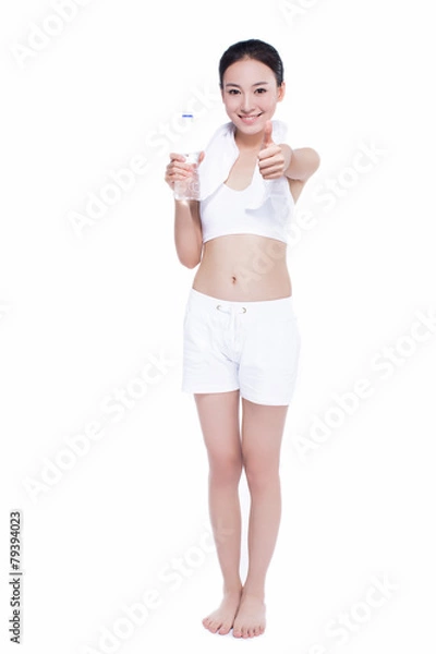 Obraz healthy asian woman with towel and water bottle