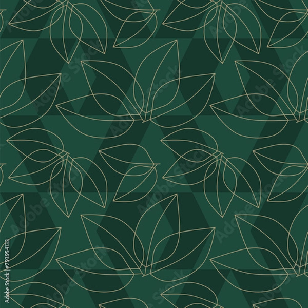 Fototapeta seamless pattern with leaves in gold on dark green background, abstract natural leaf design, abstract graphic ornament, ideal for fashion, textiles and paper design, summer spring print