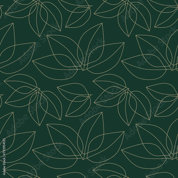 Obraz seamless pattern with leaves in gold on dark green background, abstract natural leaf design, abstract graphic ornament, ideal for fashion, textiles and paper design, summer spring print