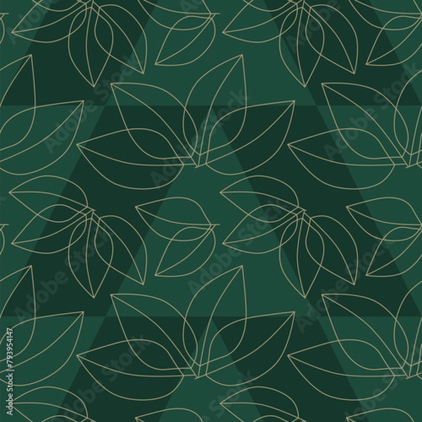Obraz seamless pattern with leaves in gold on dark green background, abstract natural leaf design, abstract graphic ornament, ideal for fashion, textiles and paper design, summer spring print