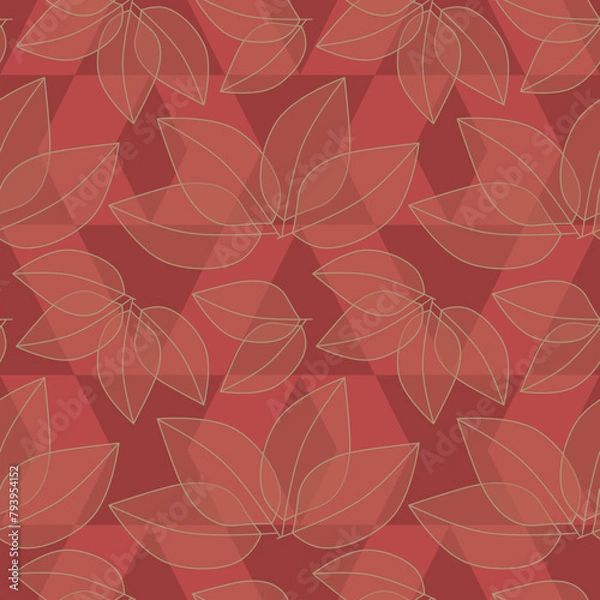 Fototapeta seamless pattern with leaves in gold on red and pink background, abstract natural leaf design, abstract graphic ornament, ideal for fashion, textiles and paper design, summer spring print