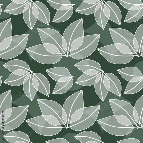 Fototapeta seamless pattern with leaves in white on dark green background, abstract natural leaf design, abstract graphic ornament, ideal for fashion, textiles and paper design, summer spring print