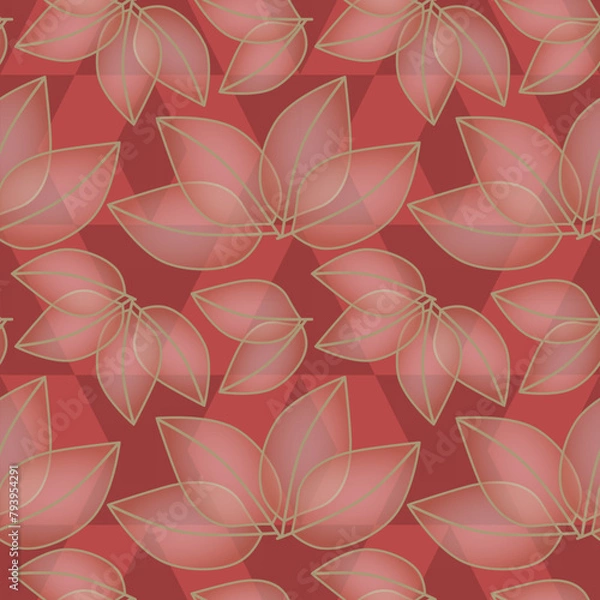 Obraz seamless pattern with leaves in gold on red and pink background, abstract natural leaf design, abstract graphic ornament, ideal for fashion, textiles and paper design, summer spring print